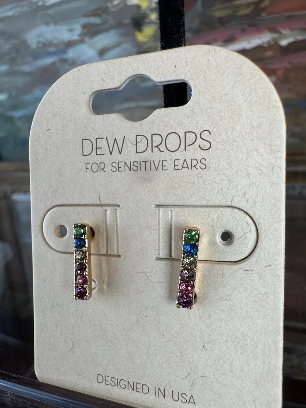 0687-Multicolor‎ Crystal Bar Earrings for Sensitive Ears